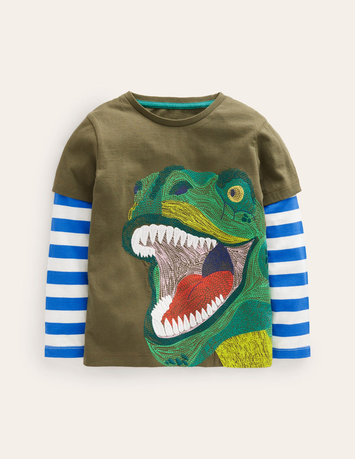 Applique Mock Sleeve T-Shirt-Classic Khaki Dino-1