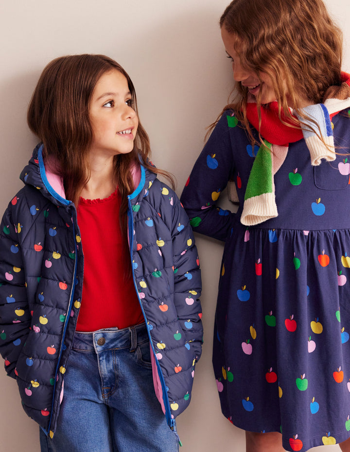 Pack-away Padded Jacket-College Navy Rainbow Apples
