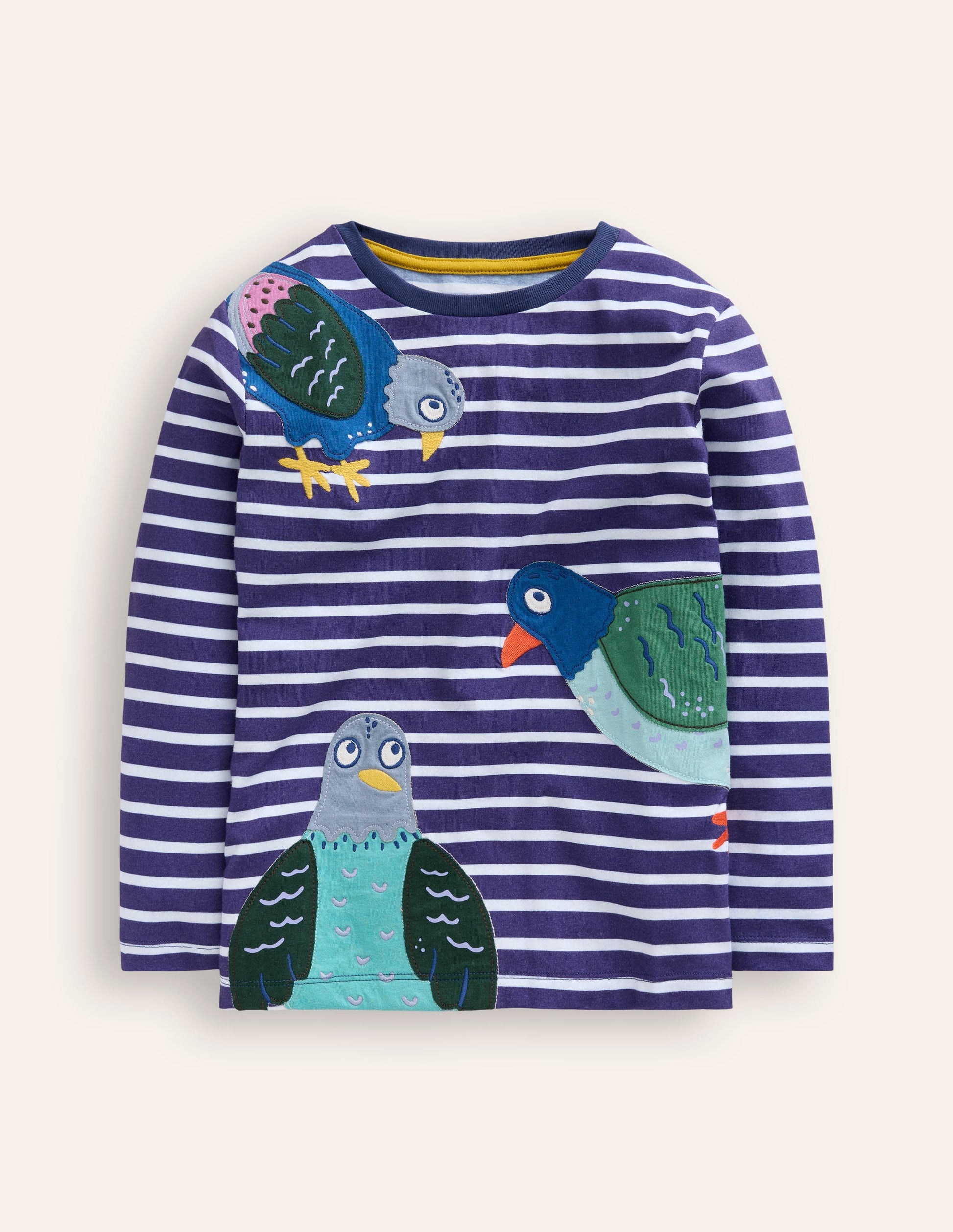 Appliqué T-shirt-Denim Blue and Ivory Pigeons-3