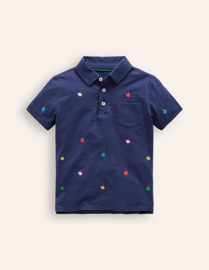 Embroidered Slub Polo Shirt-College Navy Apples-3