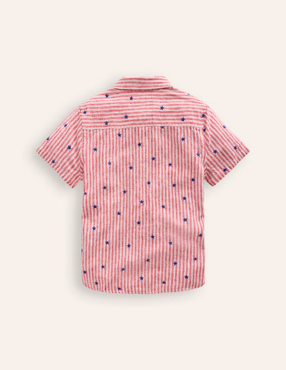 Cotton Linen Shirt-Red Stripe Star Embroidery-2