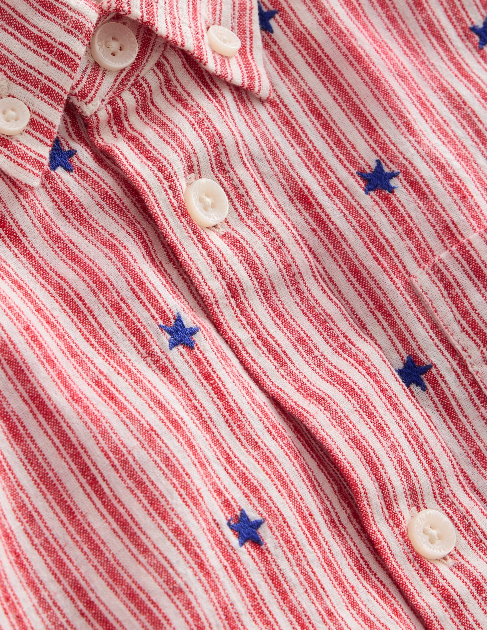 Cotton Linen Shirt-Red Stripe Star Embroidery-3