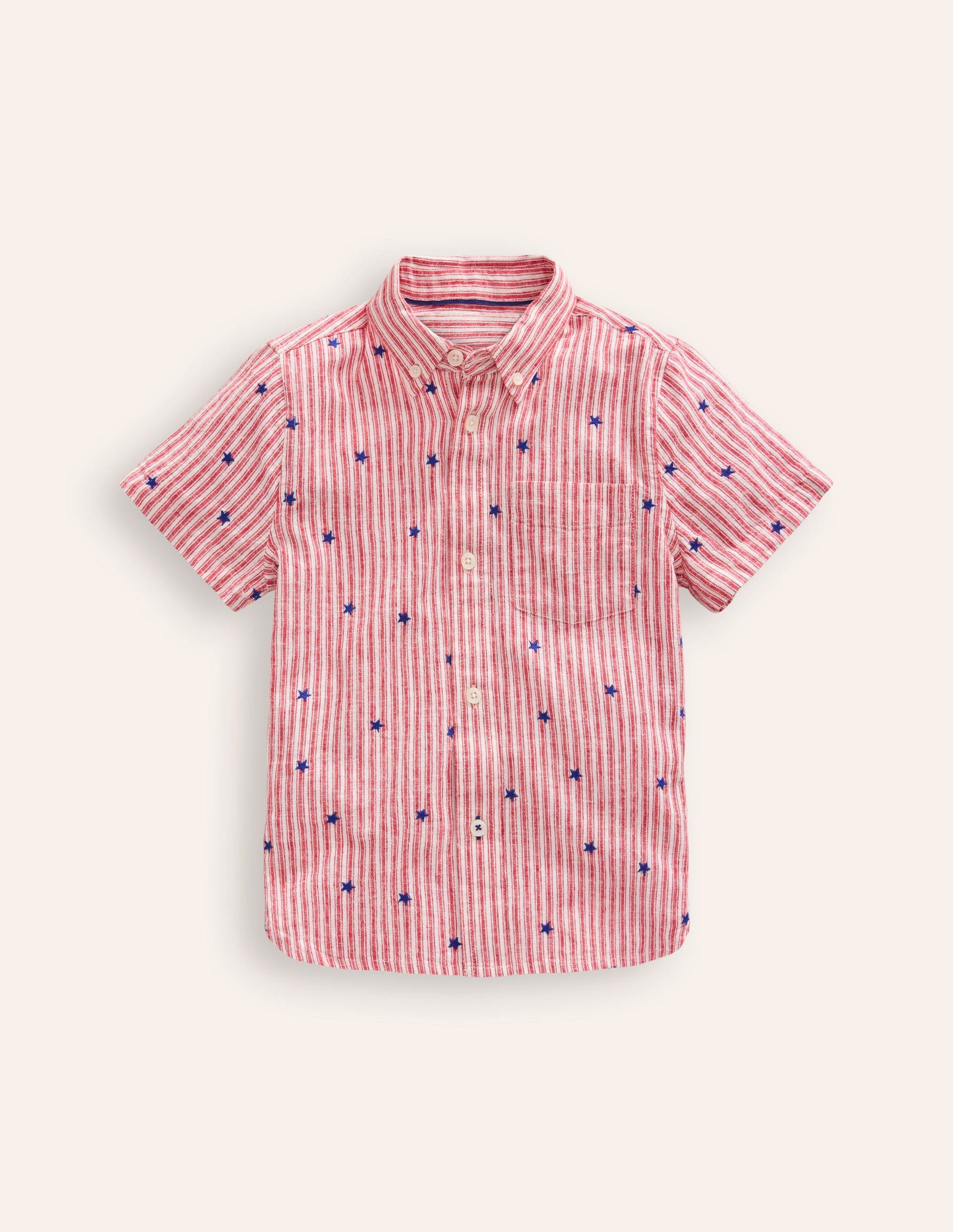 Cotton Linen Shirt-Red Stripe Star Embroidery-1