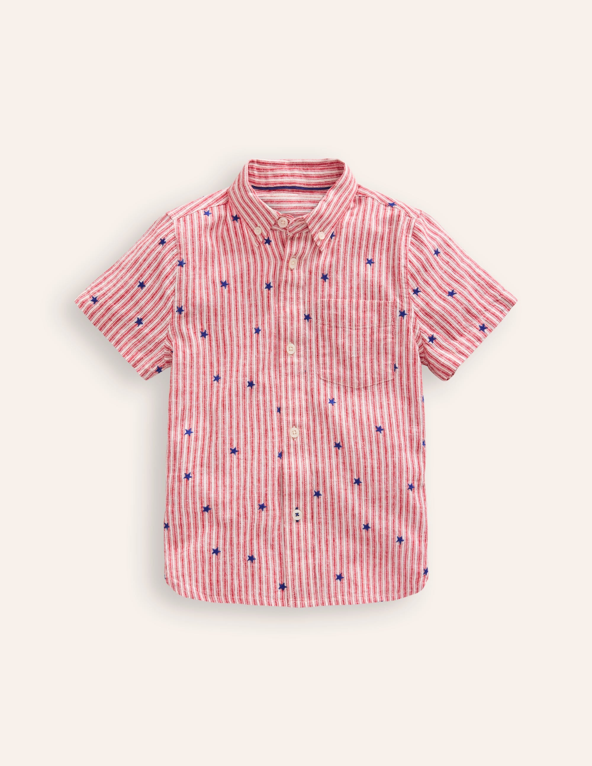 Cotton Linen Shirt-Red Stripe Star Embroidery - Image 1
