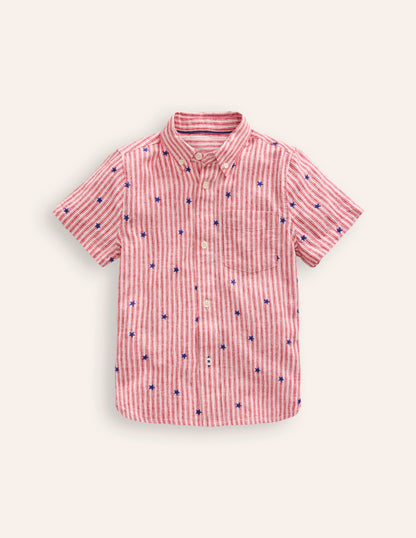 Cotton Linen Shirt-Red Stripe Star Embroidery-1