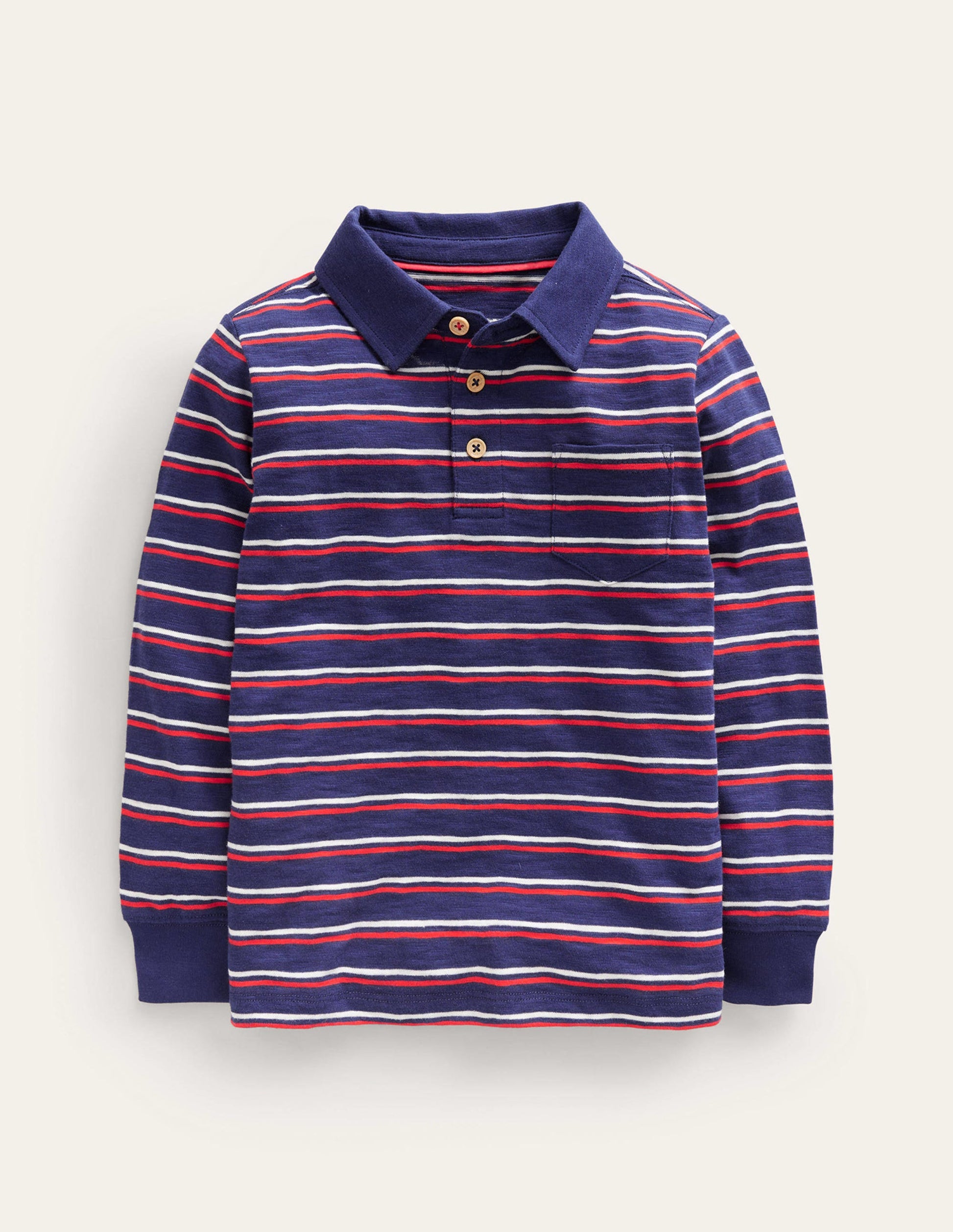 Slubbed Long-Sleeve Polo Shirt-Ivory/Sapphire Blue/Poppy Red-1