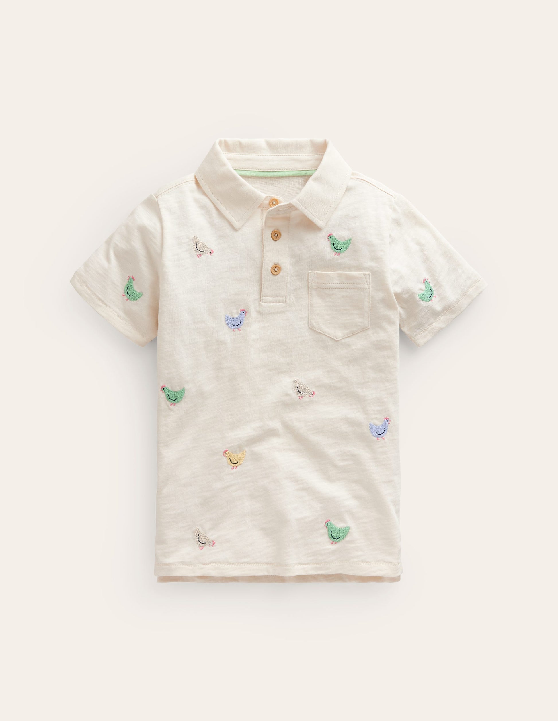 Embroidered Slub Polo Shirt-Ivory Chicken Embroidery-1