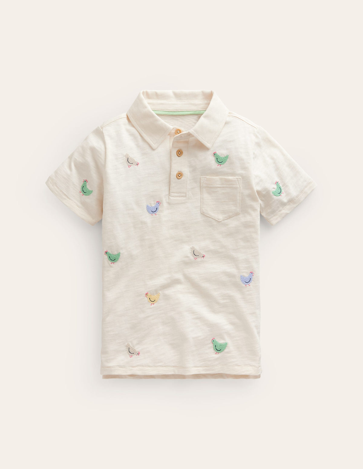 Embroidered Slub Polo Shirt-Ivory Chicken Embroidery - Image 1