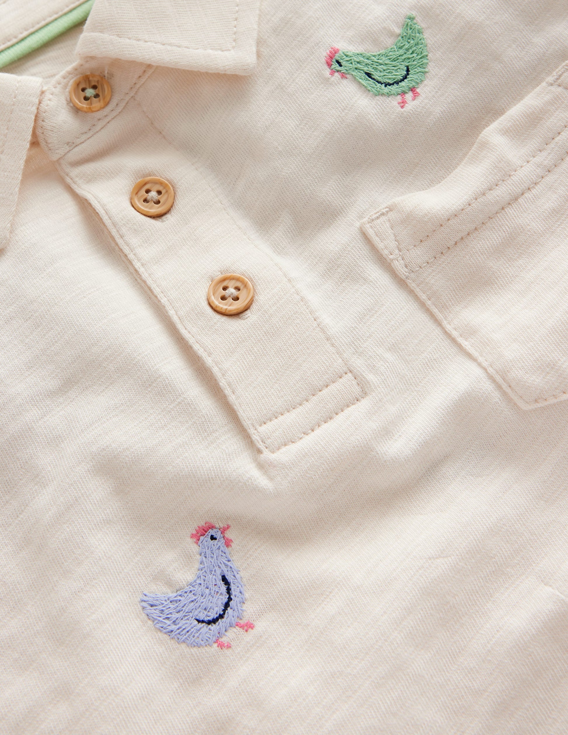 Embroidered Slub Polo Shirt-Ivory Chicken Embroidery-3