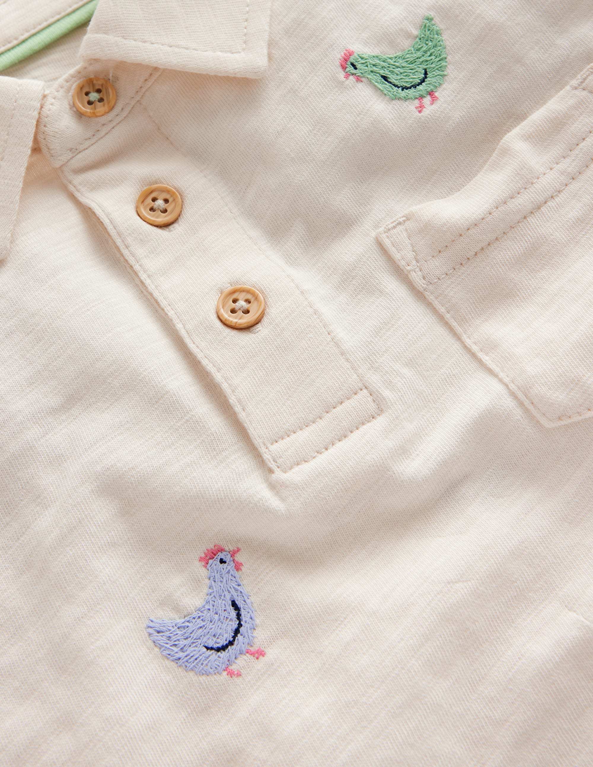 Embroidered Slub Polo Shirt-Ivory Chicken Embroidery - Image 3