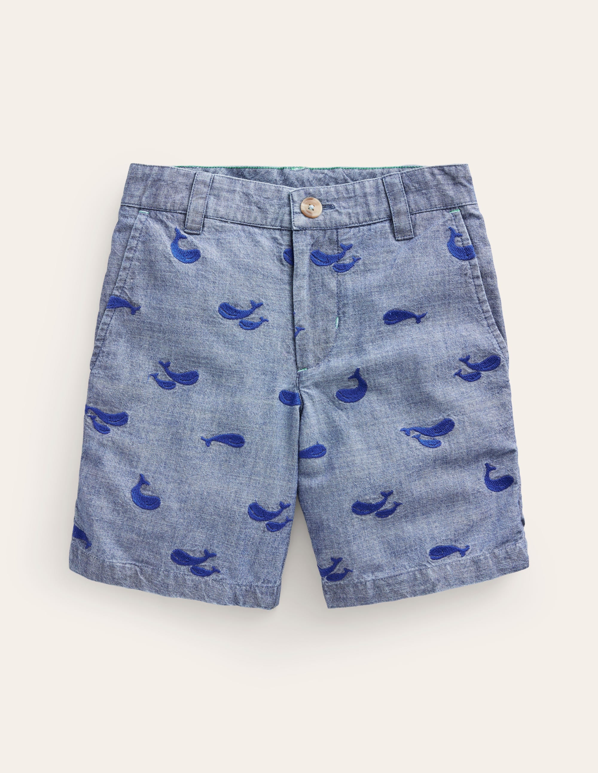 Embroidered Chino Shorts-Chambray Whale Embroidery - Image 1