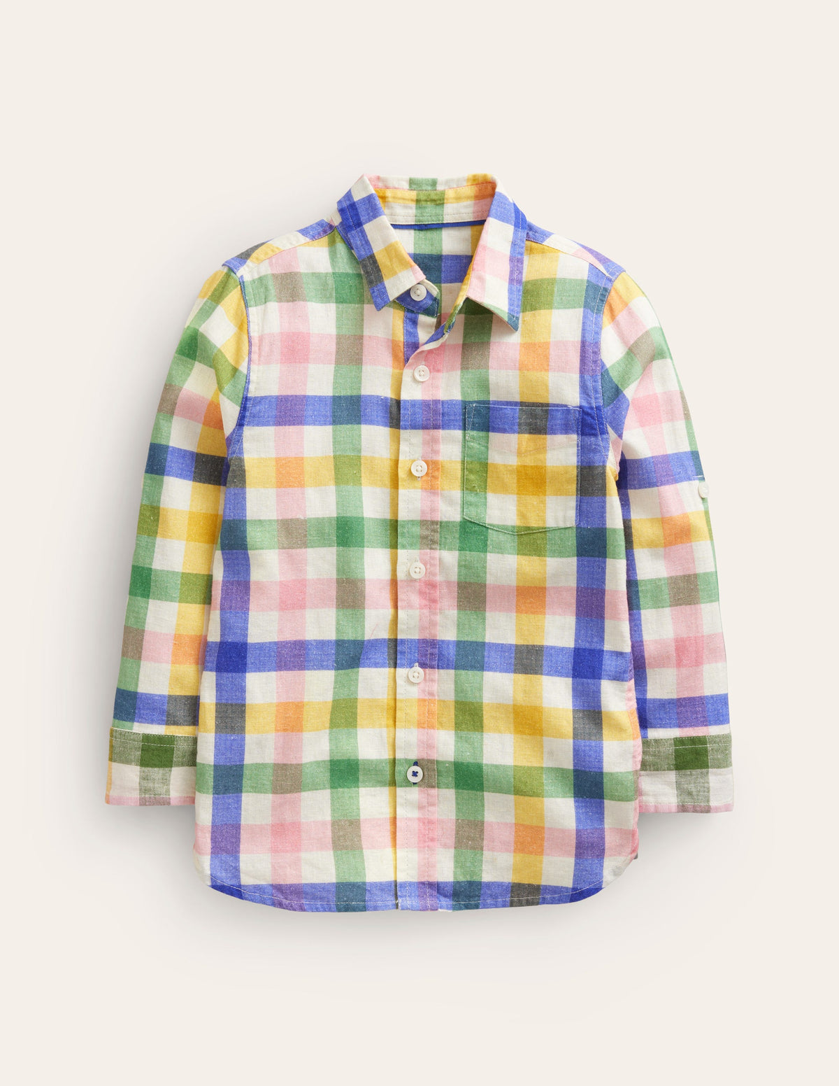 Long Sleeve Cotton Linen Shirt-Green / Pink Gingham - Image 1