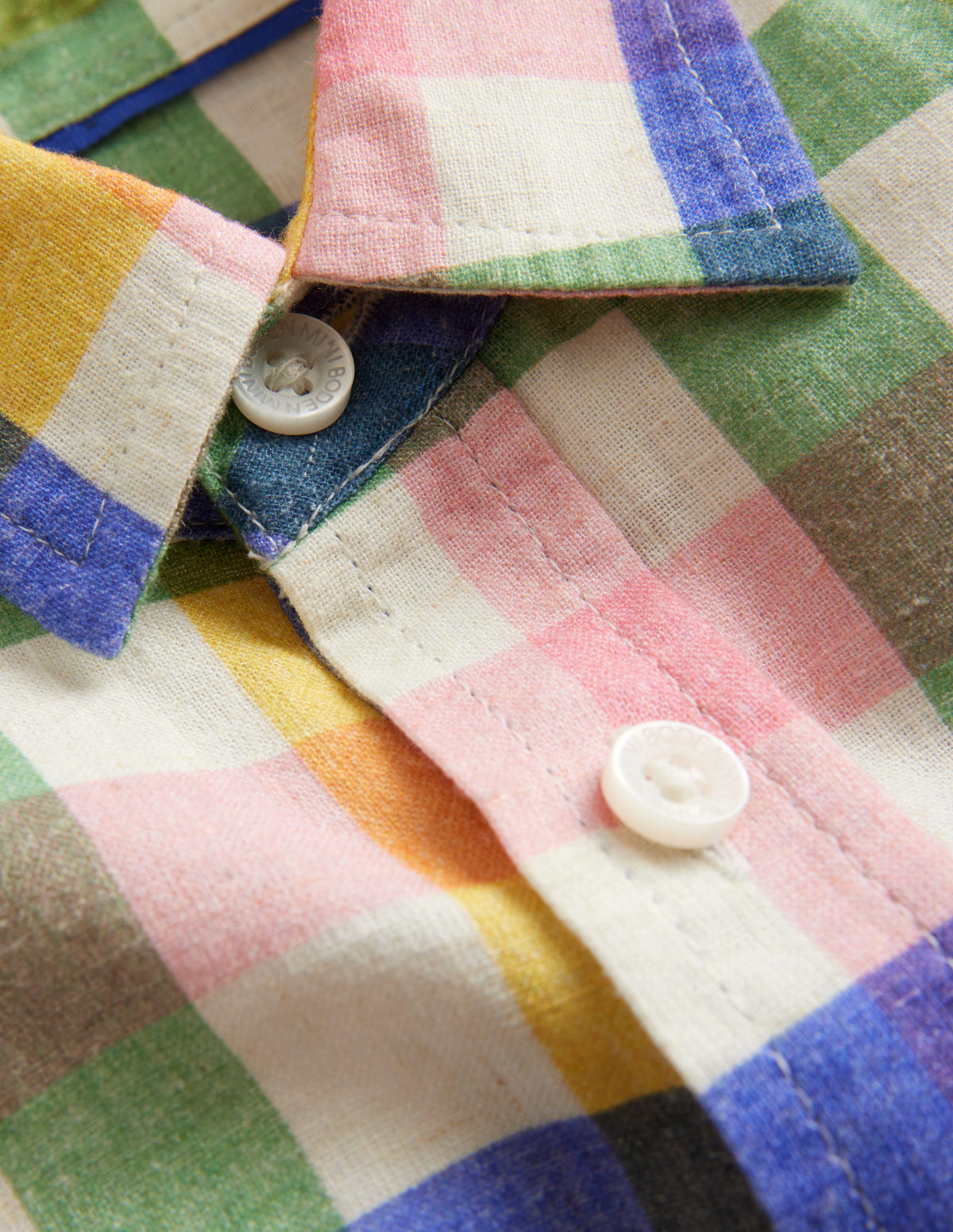 Long Sleeve Cotton Linen Shirt-Green / Pink Gingham-3