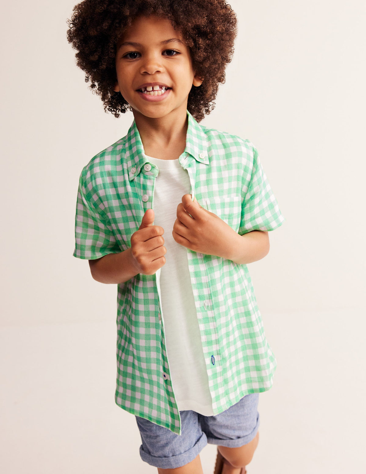 Cotton Linen Shirt-Pea Green Gingham-1