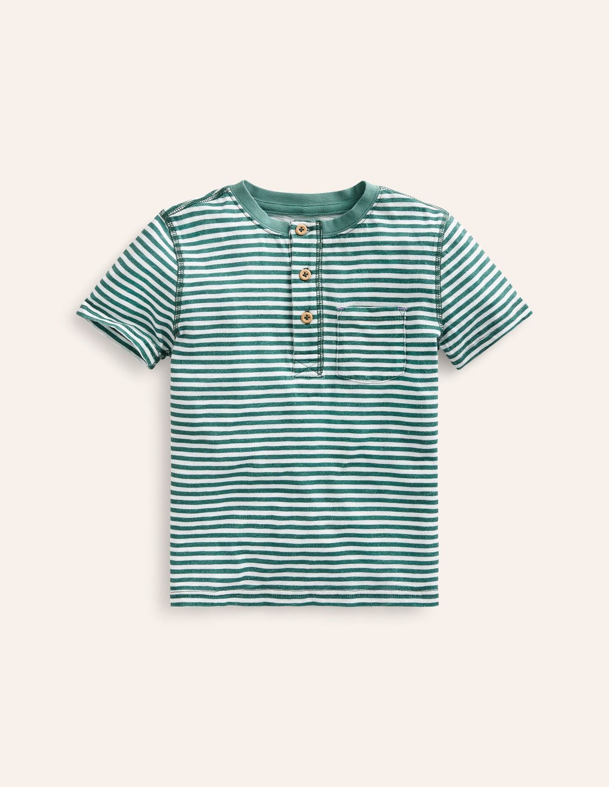 Washed Cotton Henley T-shirt-Green Spruce/ Ivory Stripe - Image 1
