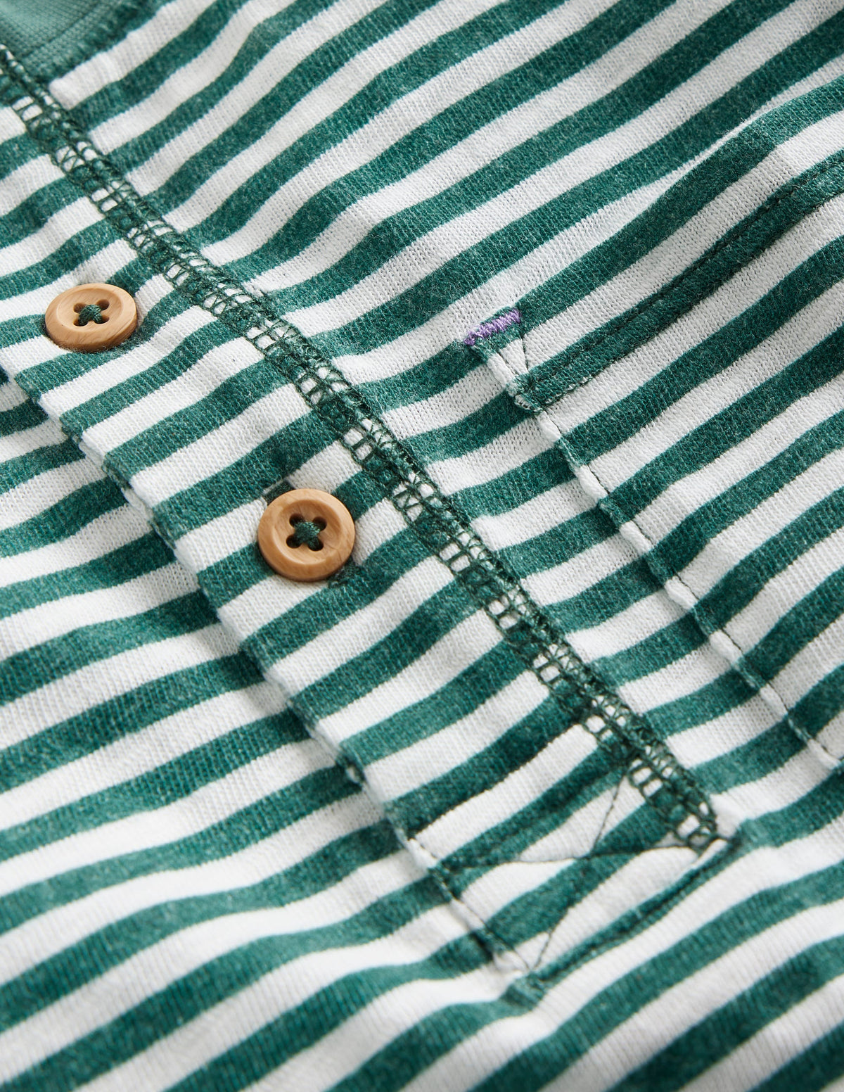 Washed Cotton Henley T-shirt-Green Spruce/ Ivory Stripe-3