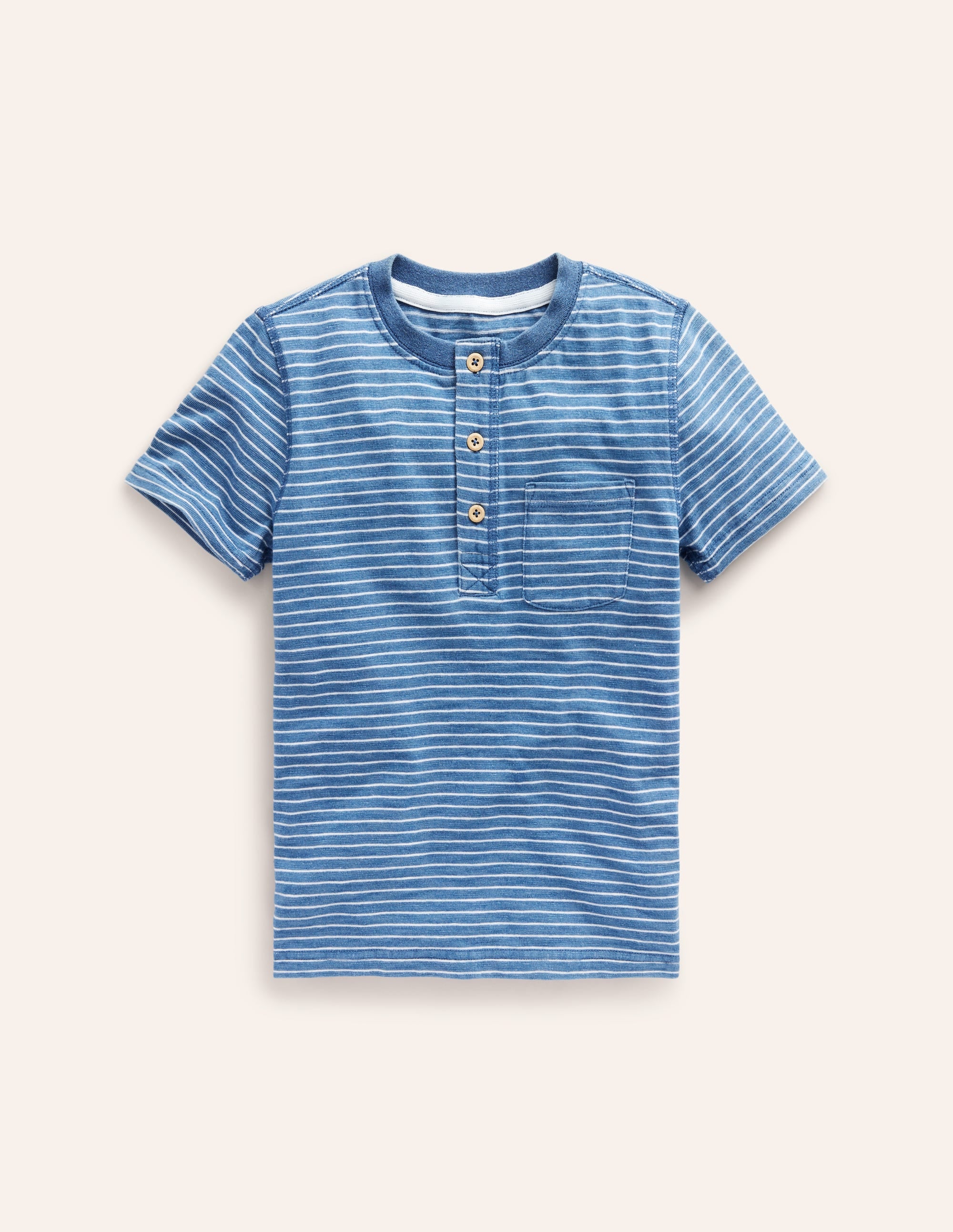 Washed Cotton Henley T-shirt-Indigo Stripe - Image 1