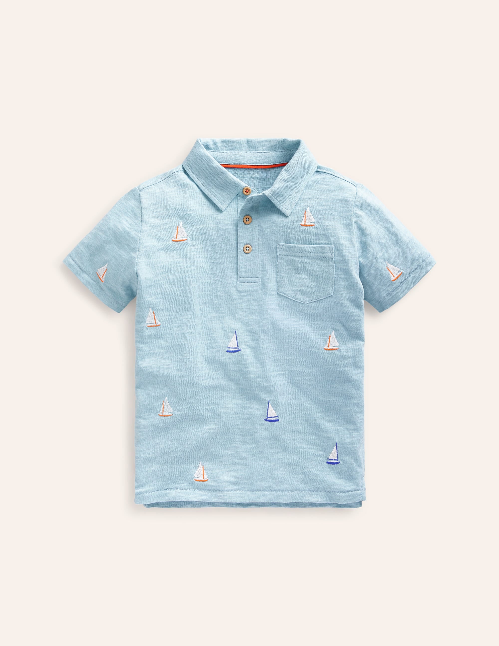 Embroidered Slub Polo Shirt-Vintage Blue Boat Embroidery - Image 1