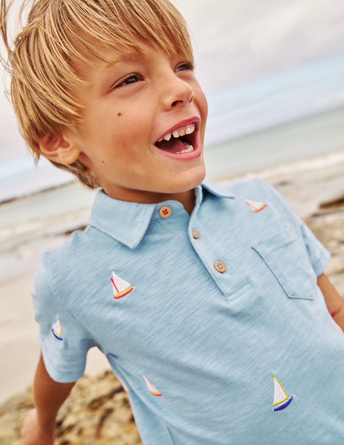 Embroidered Slub Polo Shirt-Vintage Blue Boat Embroidery-3