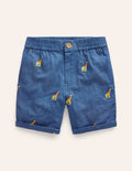 Smart Roll Up Shorts-Chambray Giraffe Embroidery