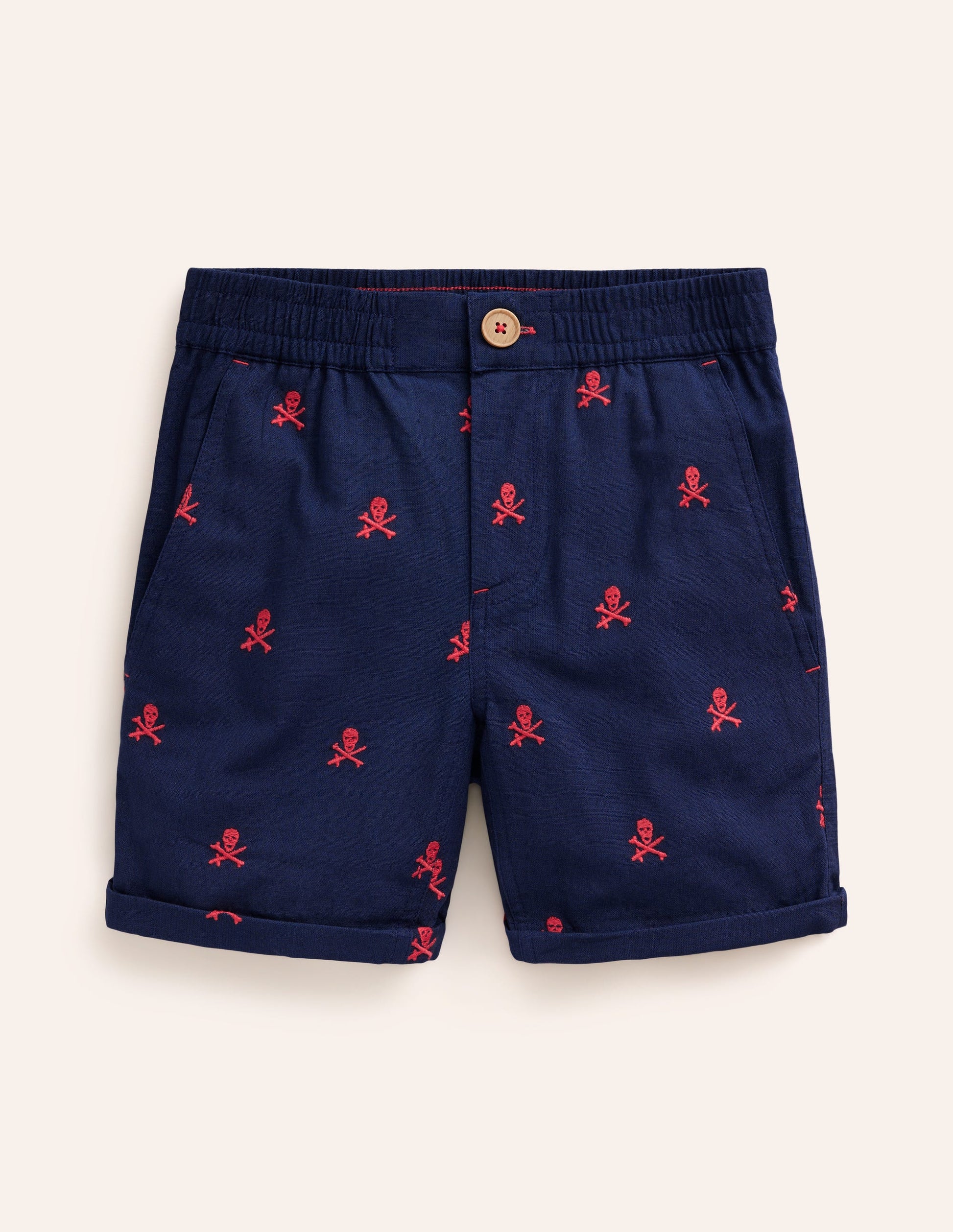 Smart Roll Up Shorts-College Navy Skull Embroidery-1