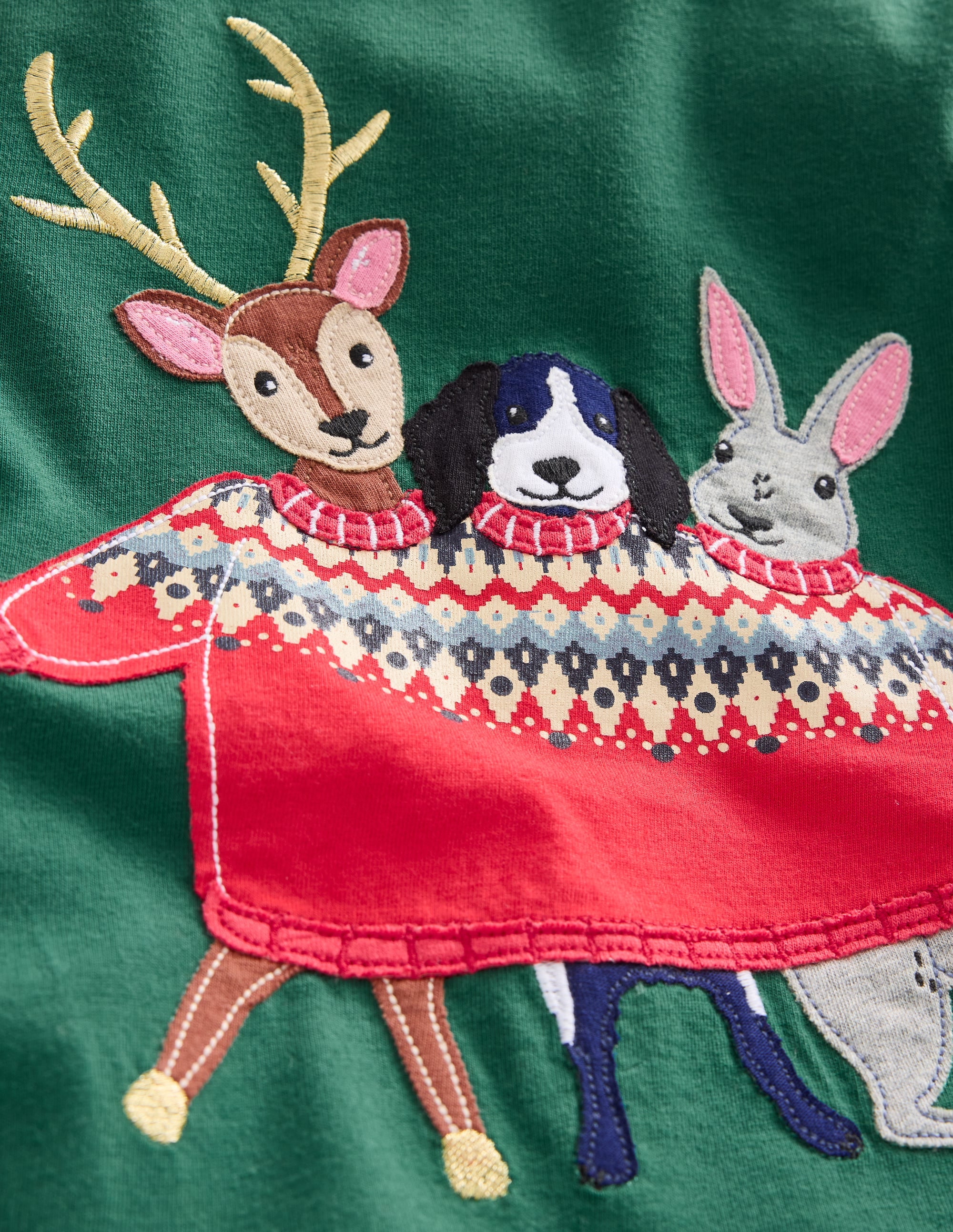 Applique Mock Sleeve T-Shirt-Jewel Green Festive Animals - Image 3