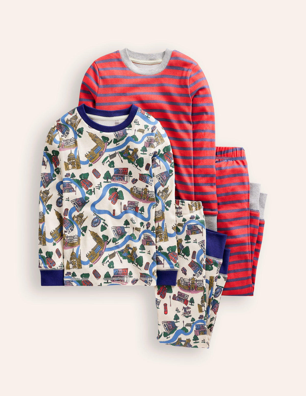 Snug Twin Pack Pyjamas-London Scene and Stripe - Image 1