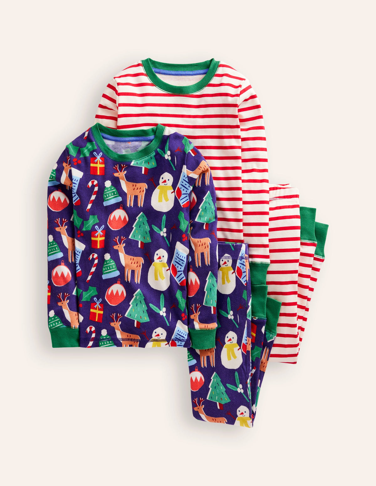 Snug Twin Pack Pyjamas-Christmas Presents and Stripe - Image 1