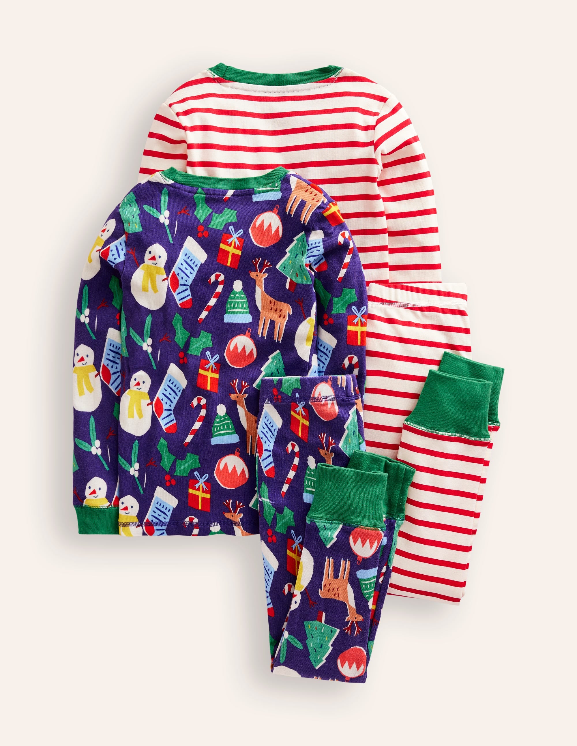 Snug Twin Pack Pyjamas-Christmas Presents and Stripe - Image 2