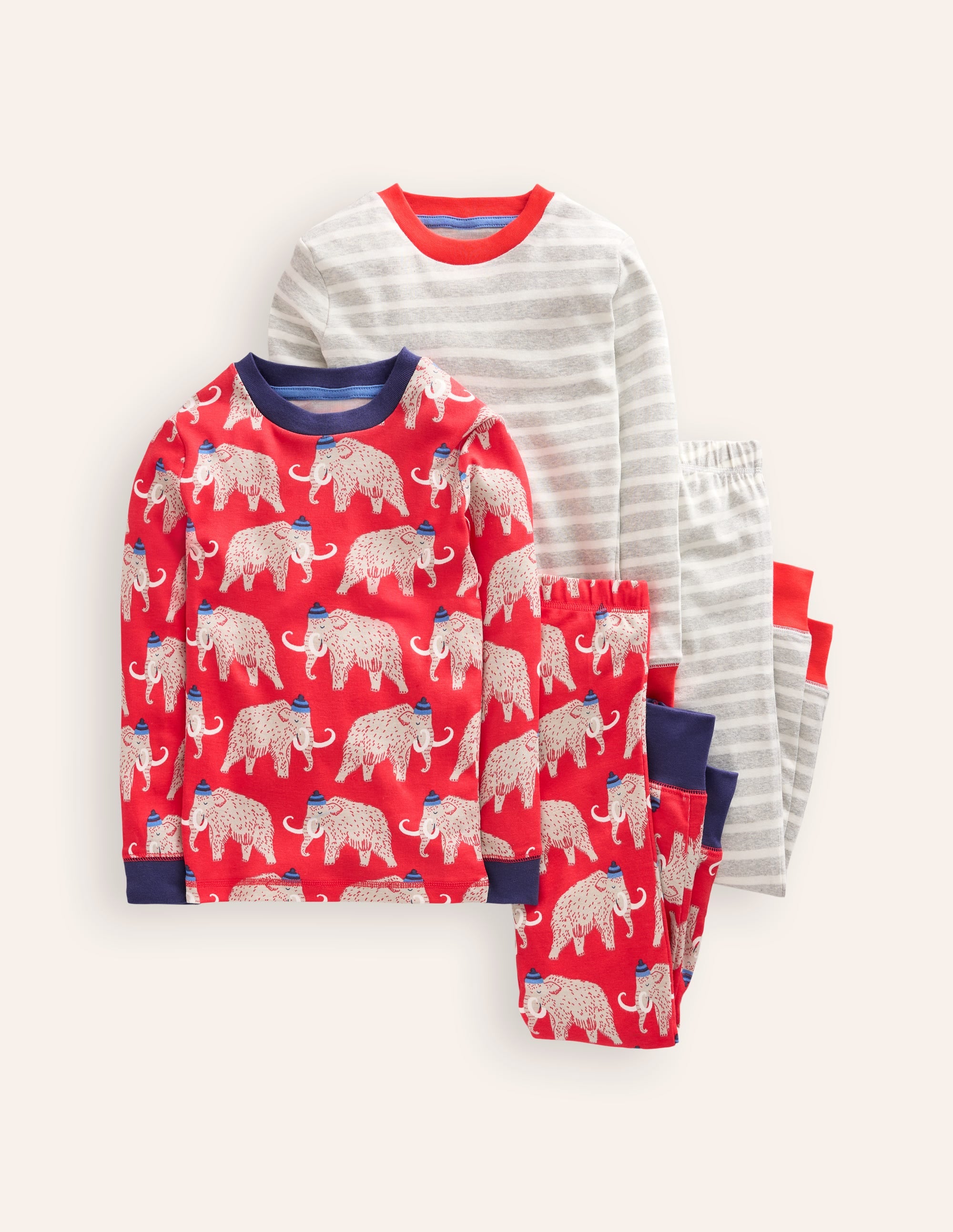 Snug Twin Pack Pyjamas-Red Mammoth and Grey Stripe - Image 1