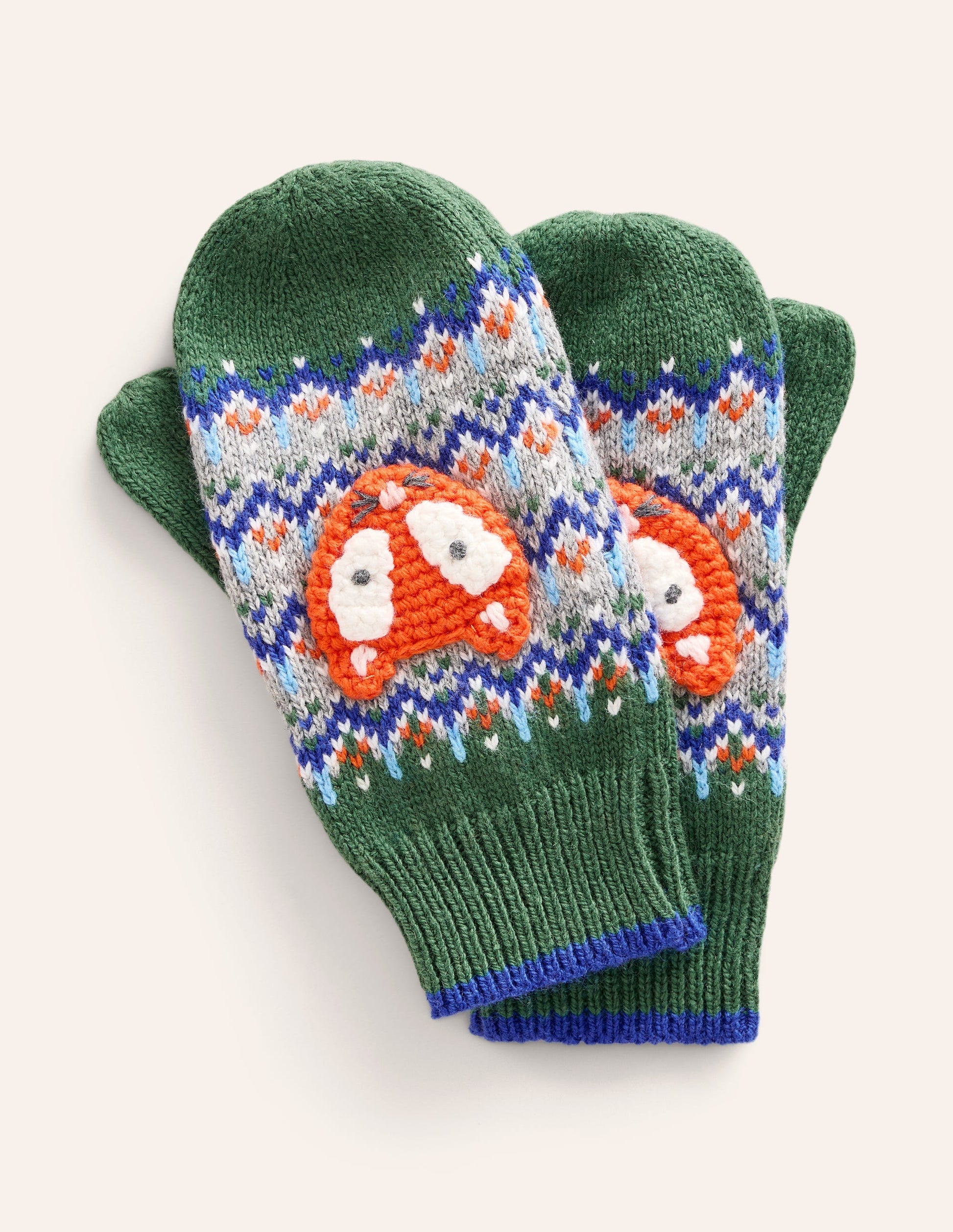 Fair Isle Novelty Mittens-Spruce Green Marl Fox-1