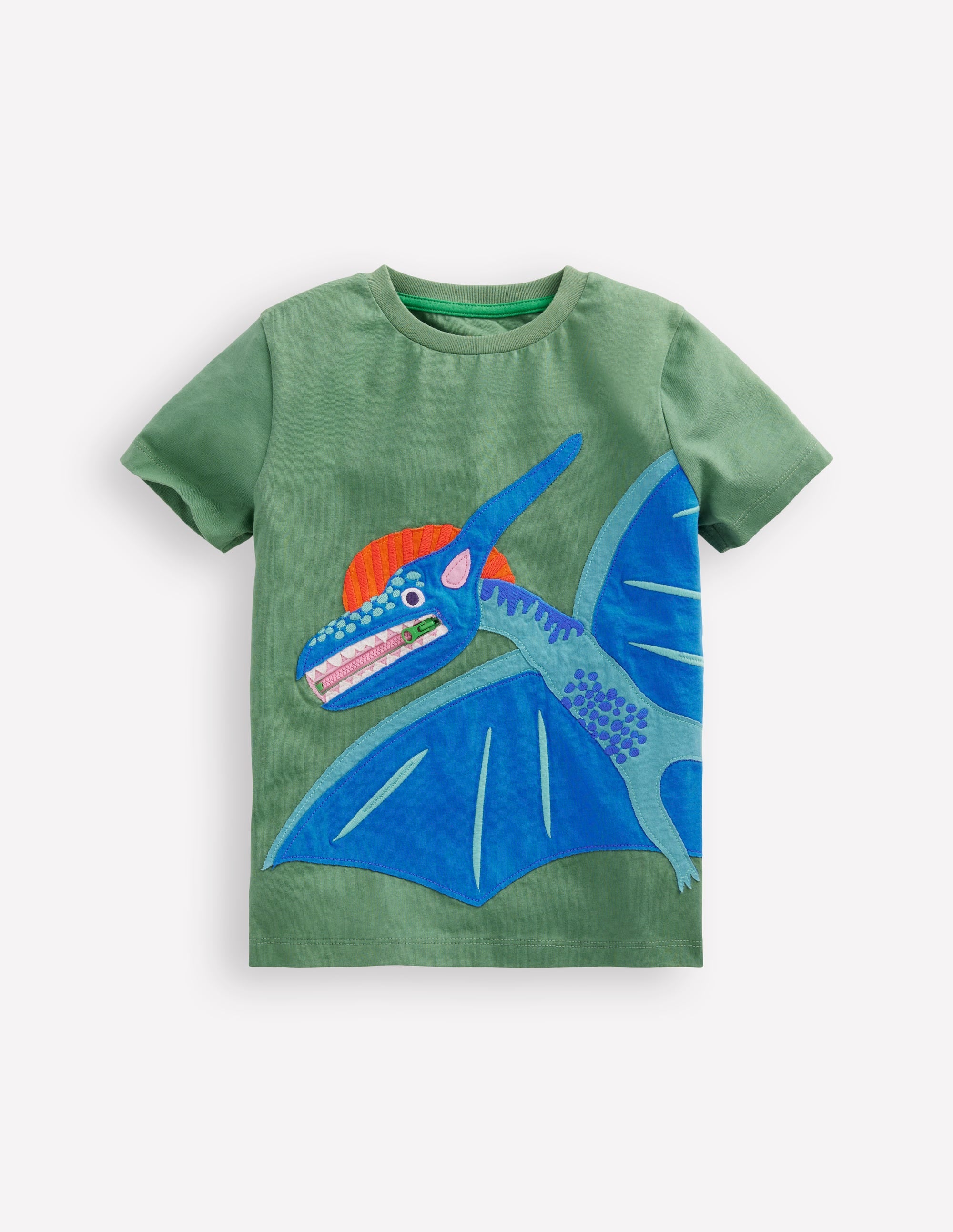 Zip Applique T-shirt-Newt Green Dinosaur - Image 1