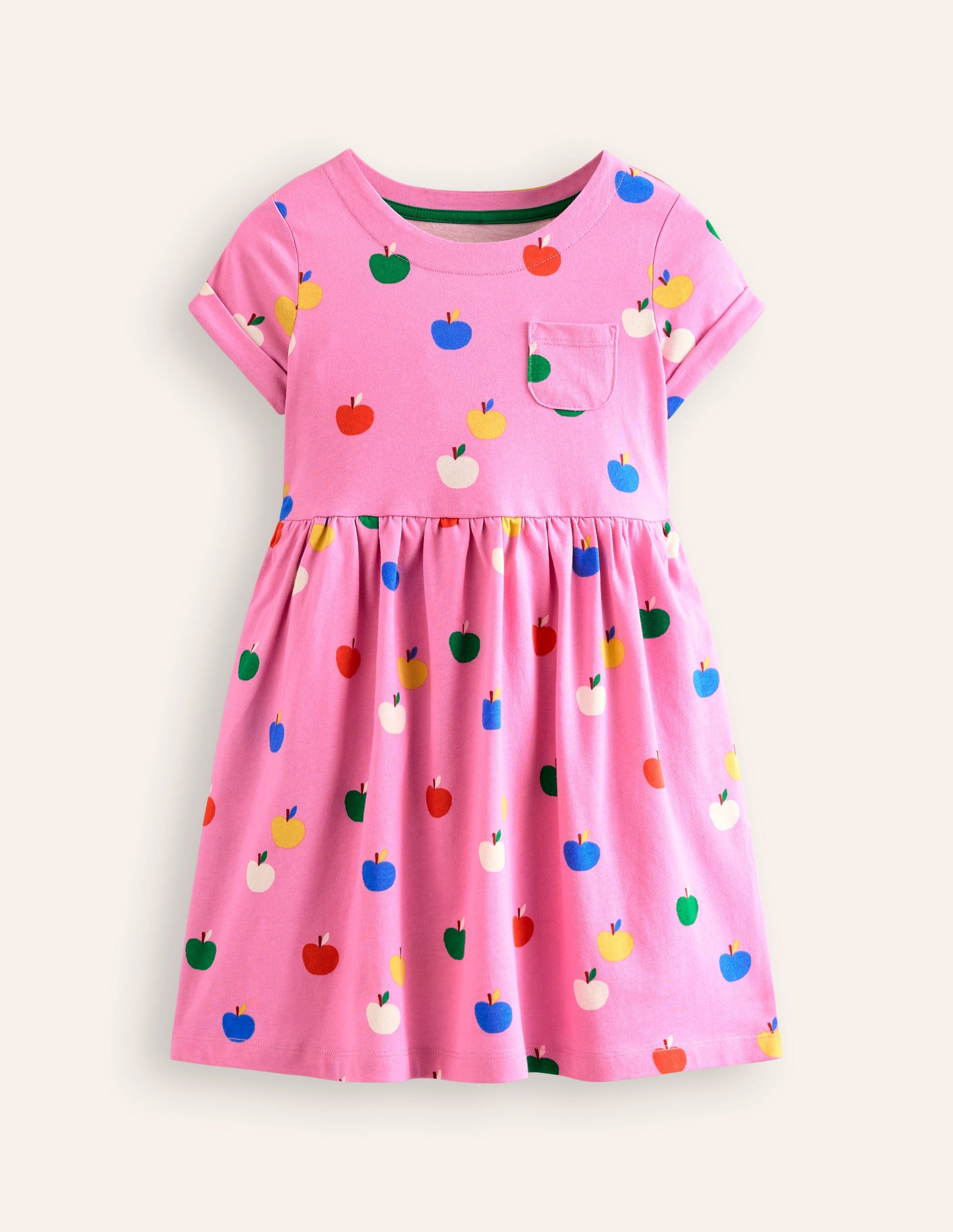 Short-sleeved Fun Jersey Dress-Cosmos Pink Rainbow Apples-3