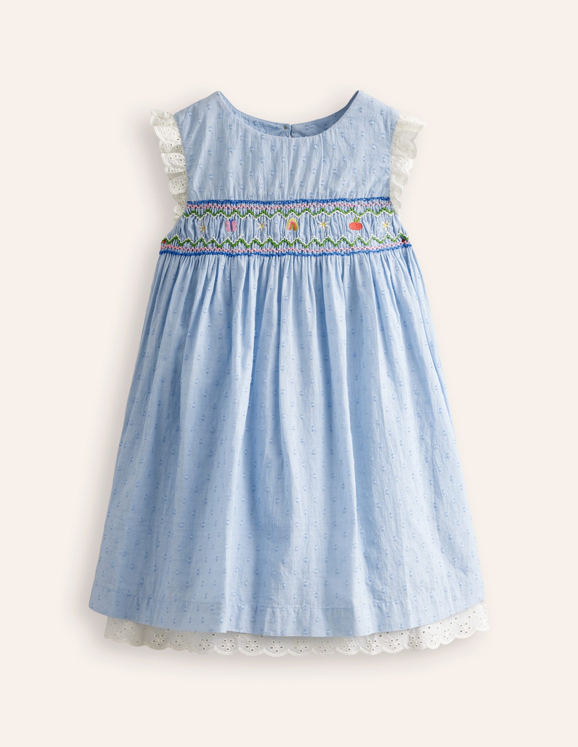 Smocked Lace Trim Dress-Mid Vintage Denim-3
