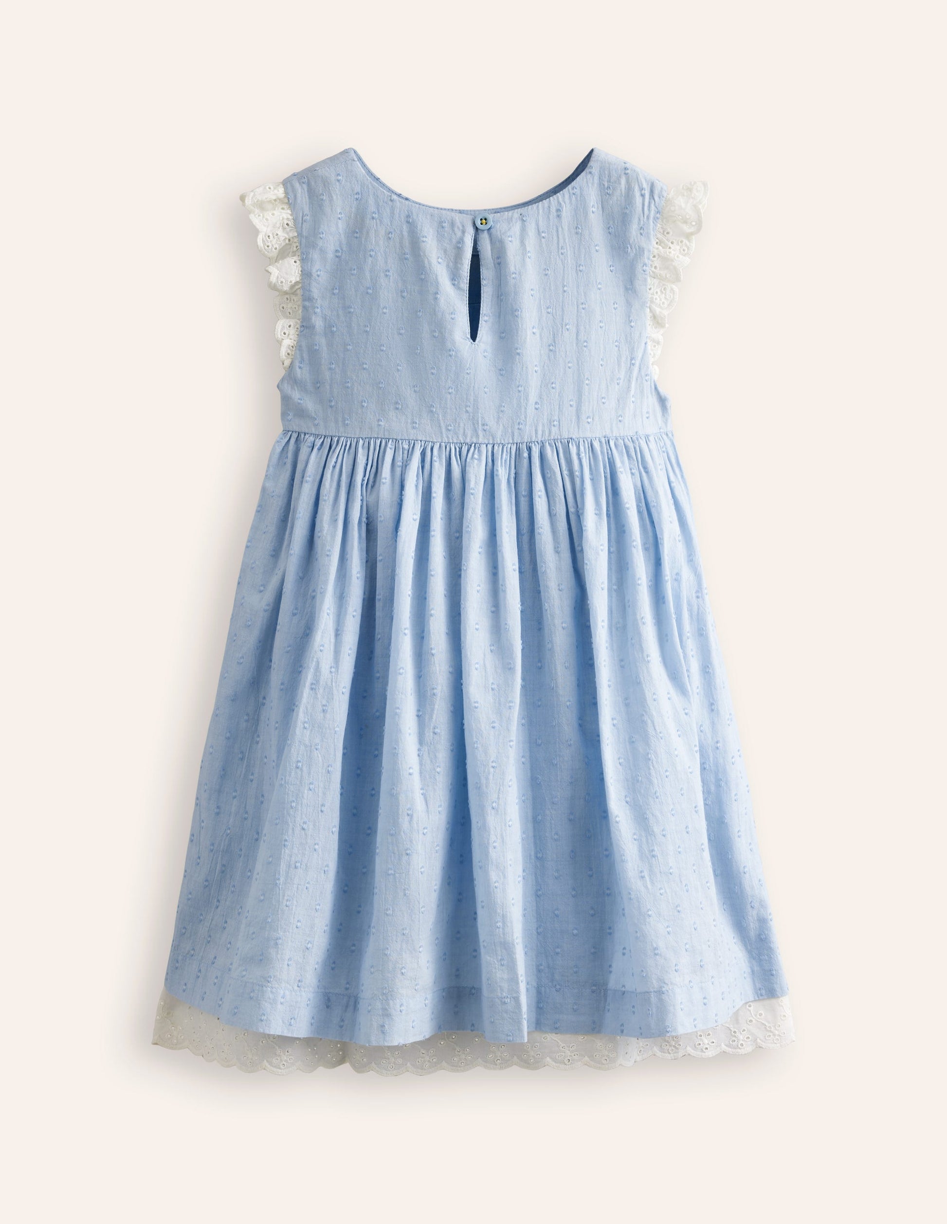 Smocked Lace Trim Dress-Mid Vintage Denim-4