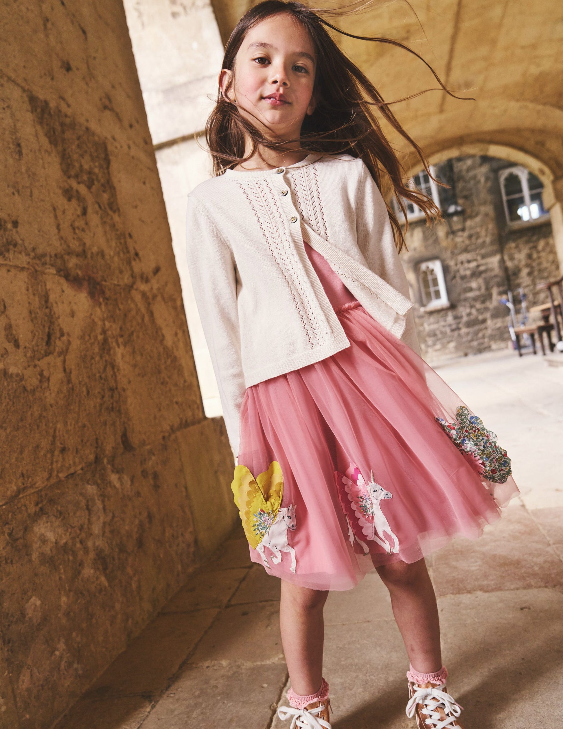 Katie Appliqué Tulle Dress-Almond Pink Unicorns-4