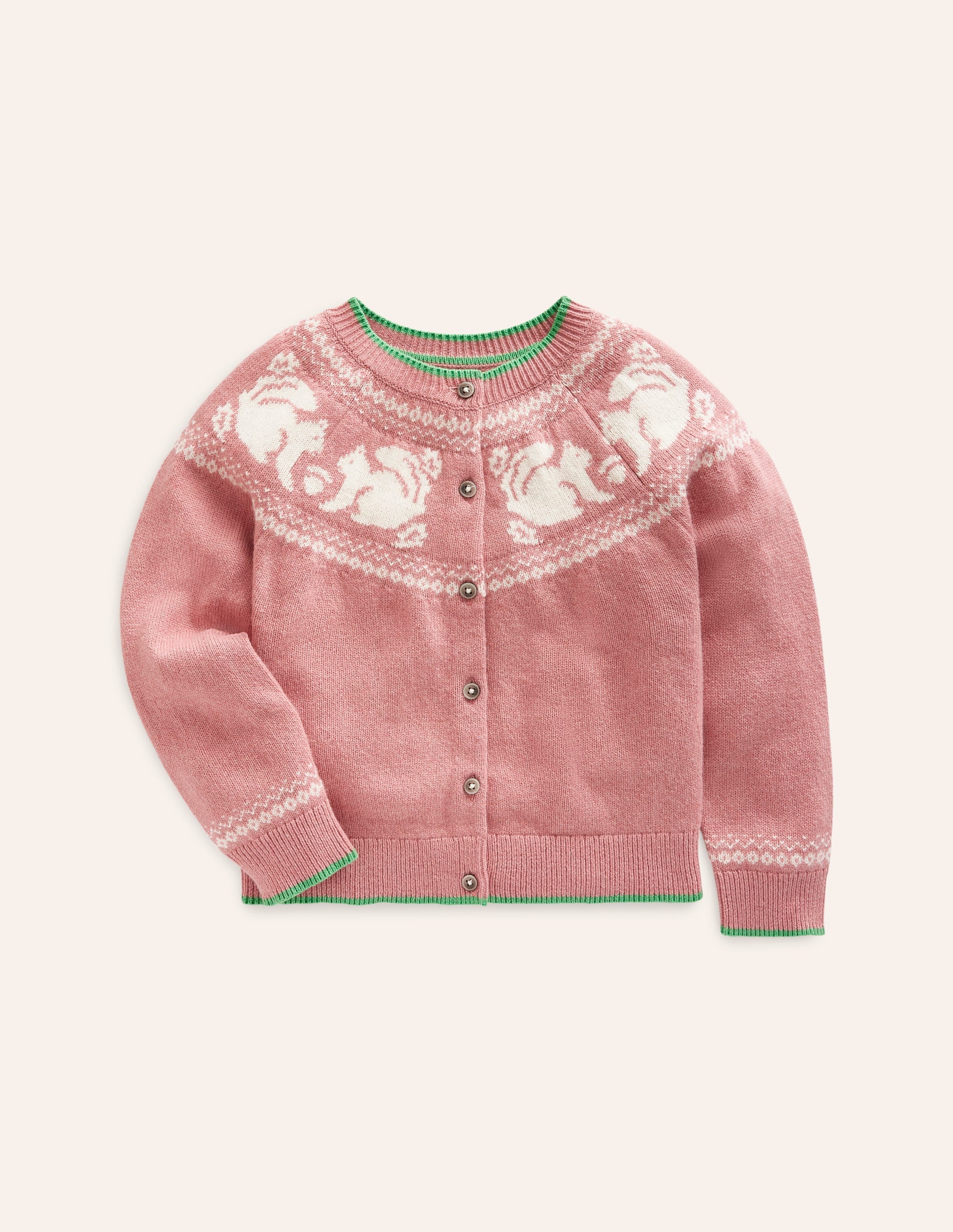 Edie Fair Isle Cardigan-Rose Blush Pink Squirrels - Image 1