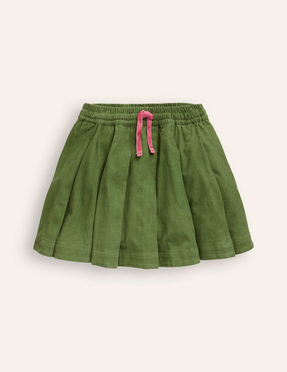 Pull-On Twirly Pleated Skirt-Iguana Green Cord-1