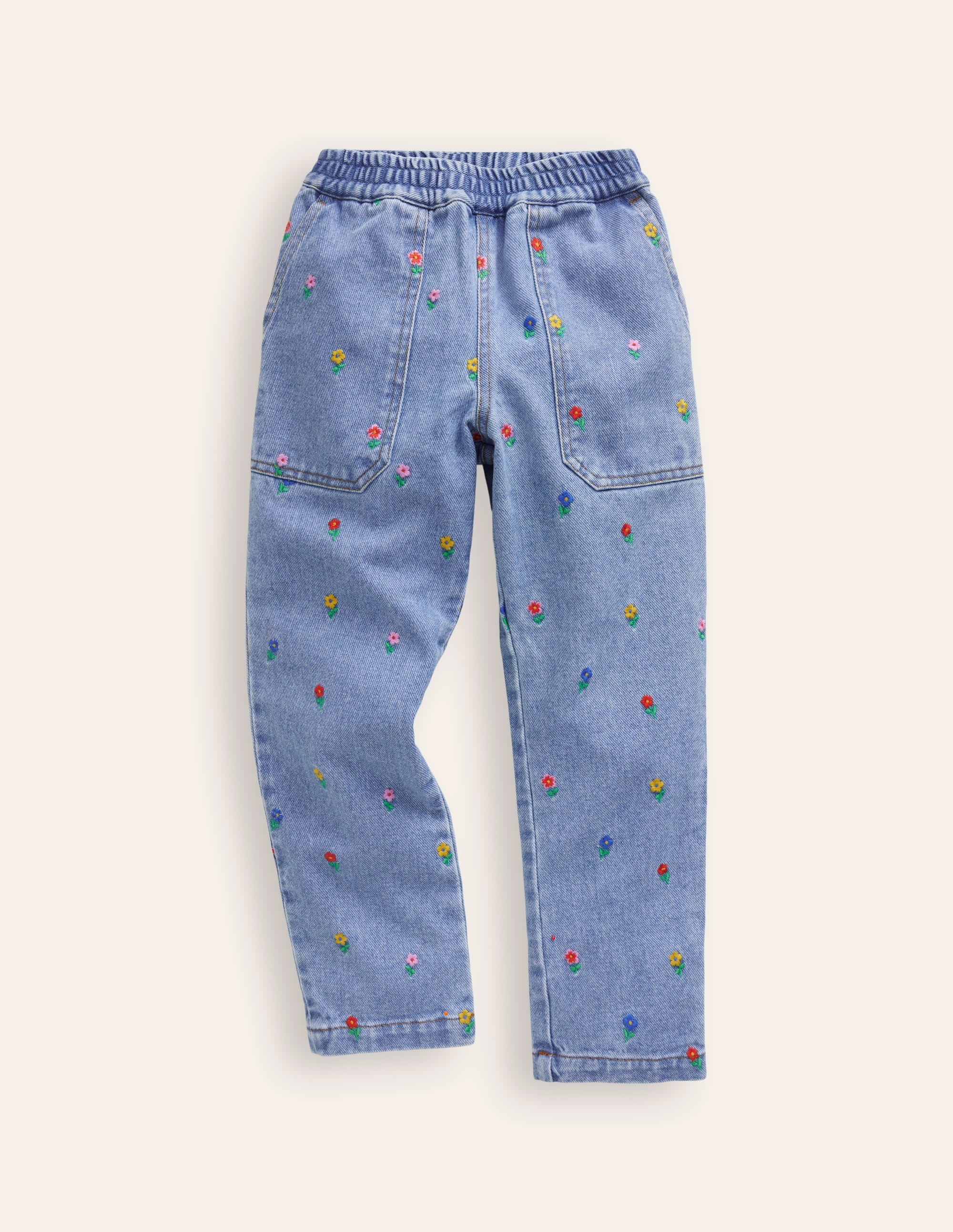 Embroidered Pull-On Trousers-Denim Floral Embroidery - Image 1