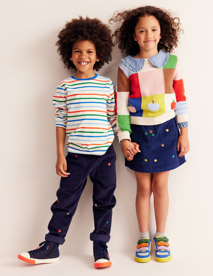 Embroidered Pull-On Trousers-College Navy Apples-1