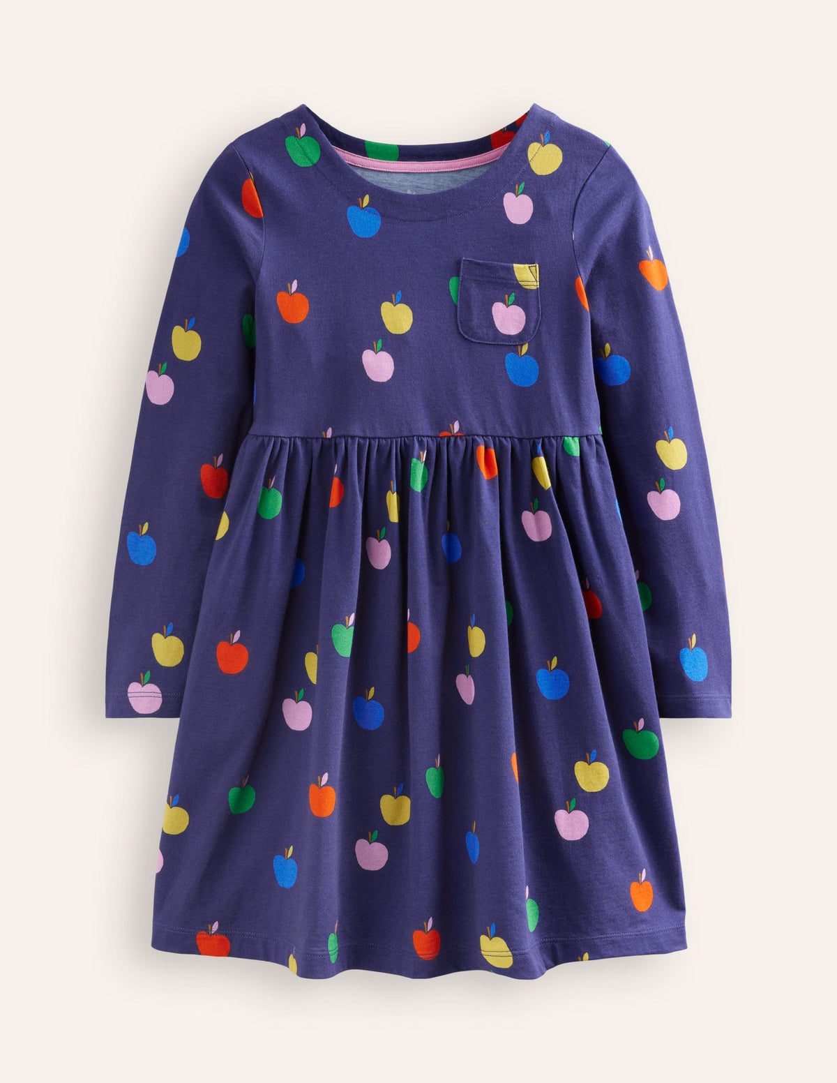 Long-Sleeved Fun Jersey Dress-College Navy Rainbow Apples - Image 3