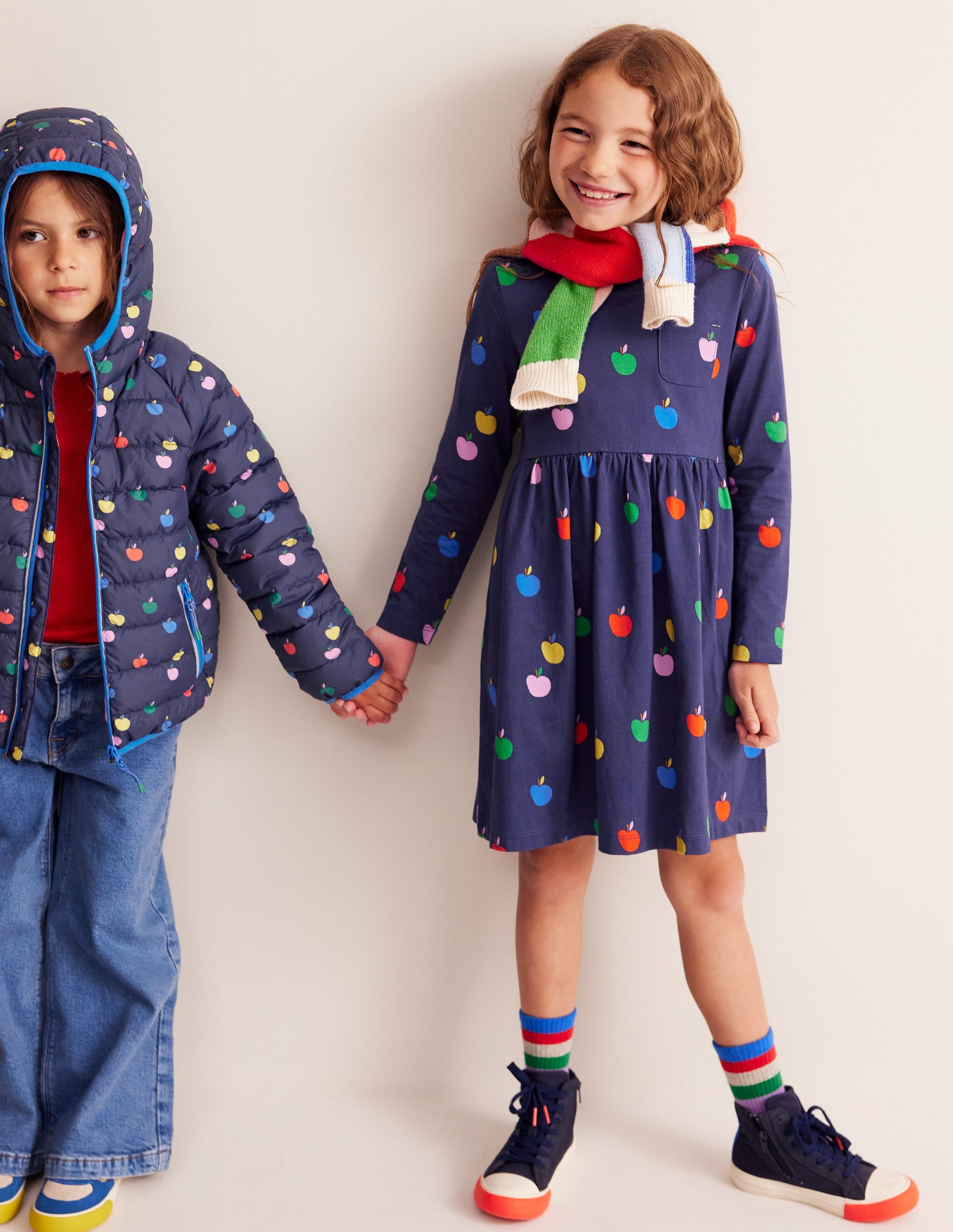 Long-Sleeved Fun Jersey Dress-College Navy Rainbow Apples - Image 2