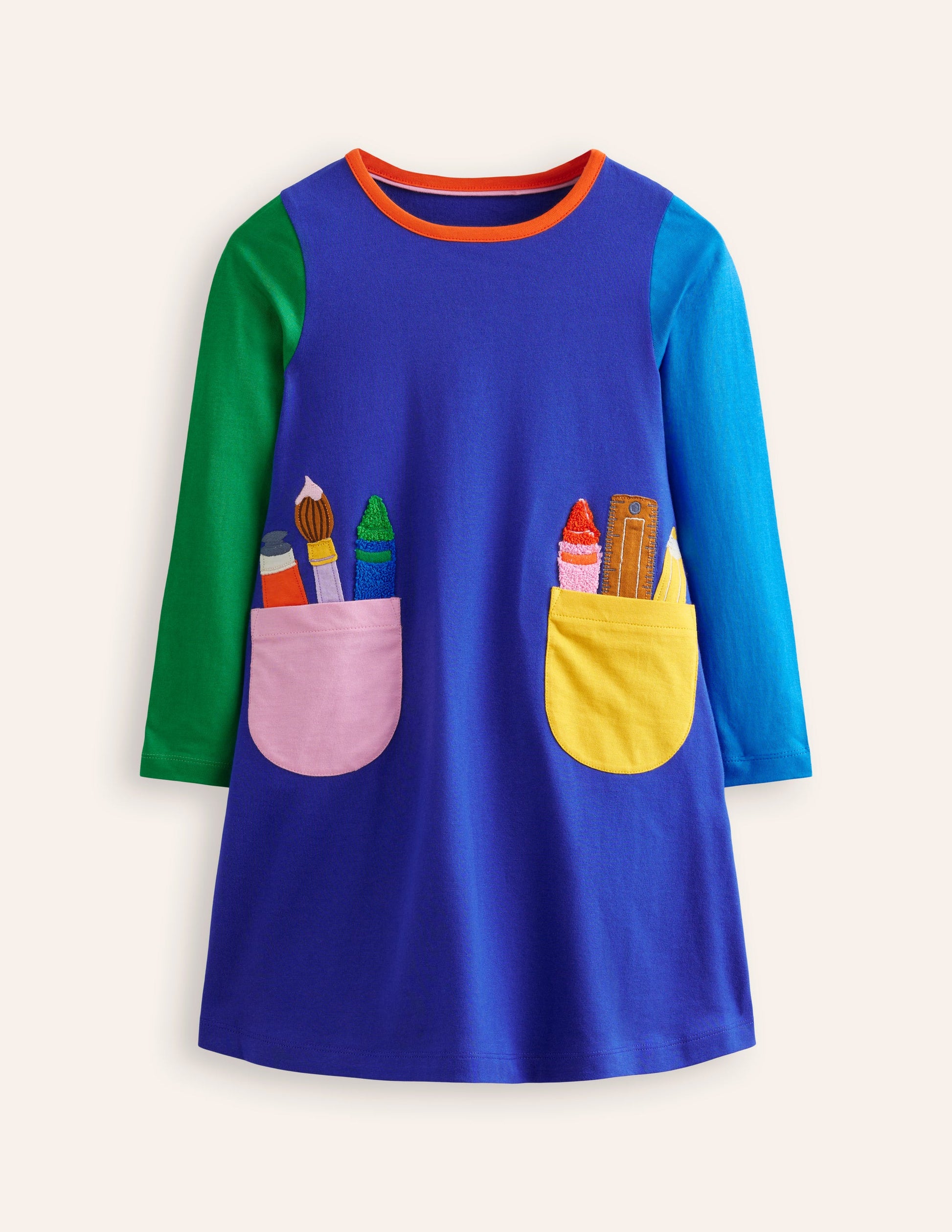 Elsie Big Appliqué Dress-Blue Back to School Pockets-1