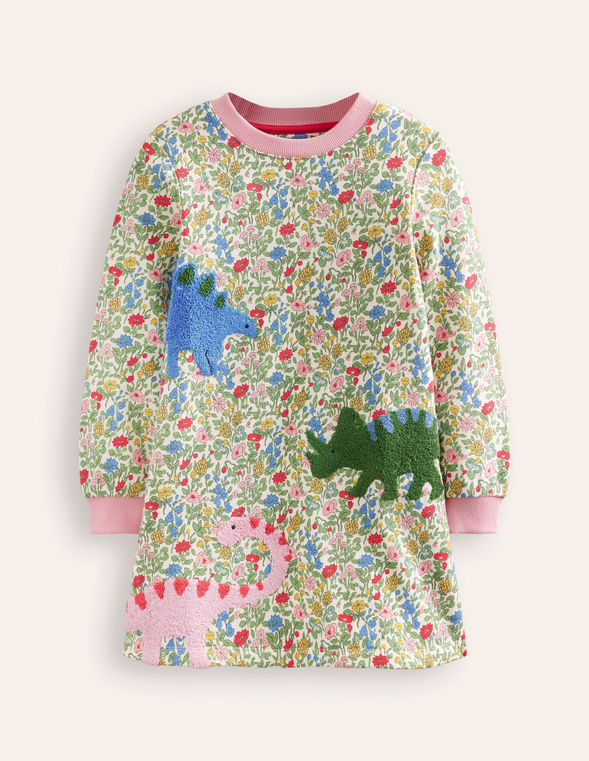 Ida Sweatshirt Appliqué Dress-Multi Meadow Floral Dinosaurs - Image 1