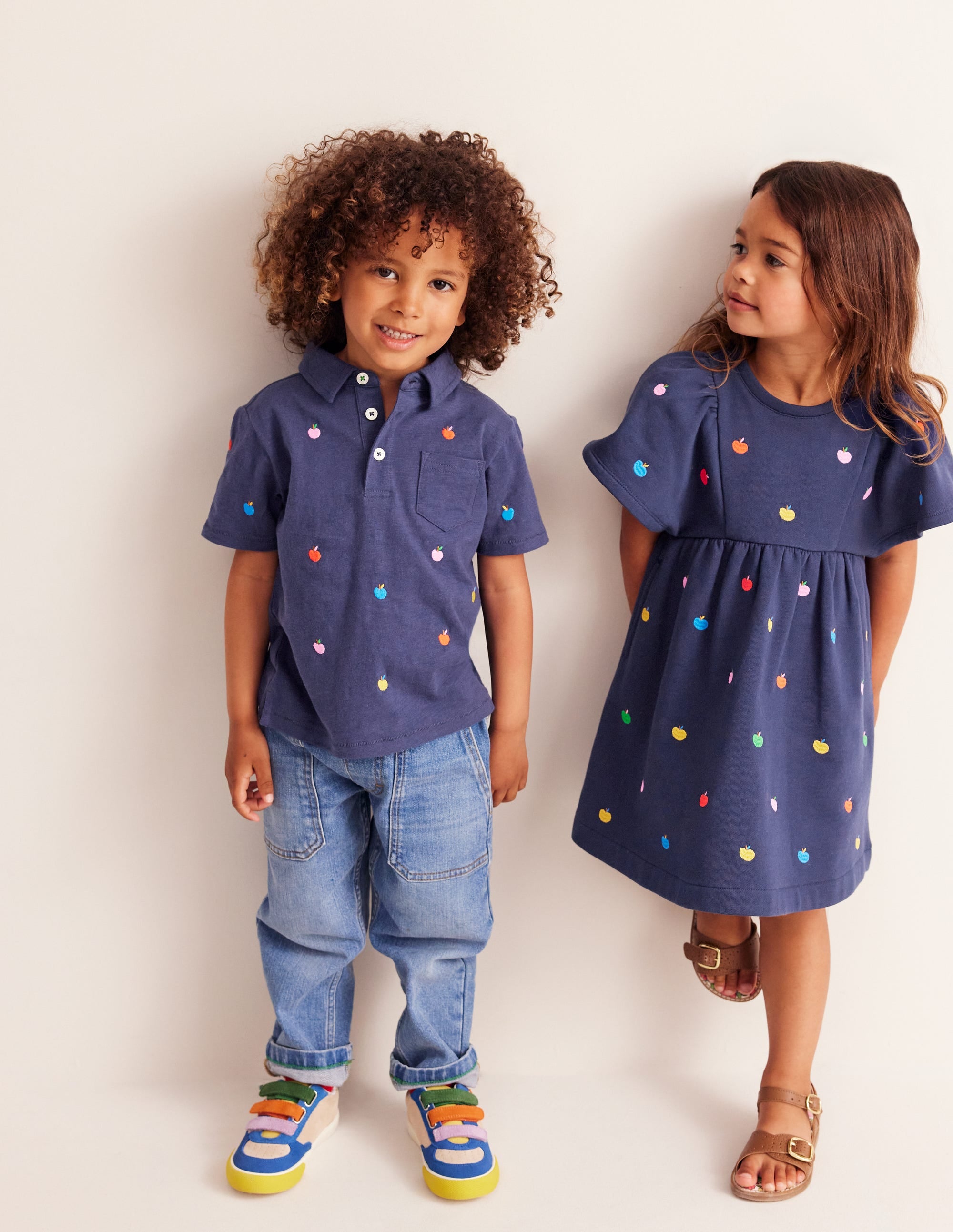 Embroidered Cosy Sweat Dress-College Navy Rainbow Apples - Image 1