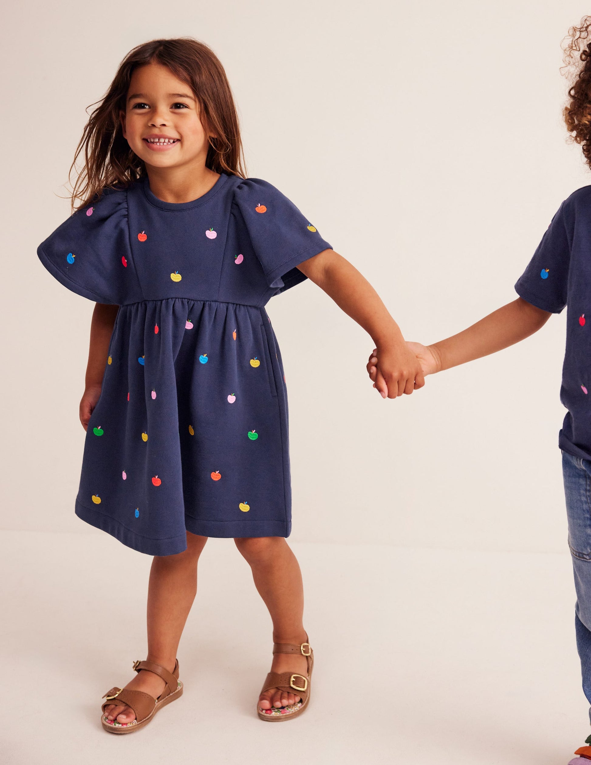 Embroidered Cosy Sweat Dress-College Navy Rainbow Apples-2