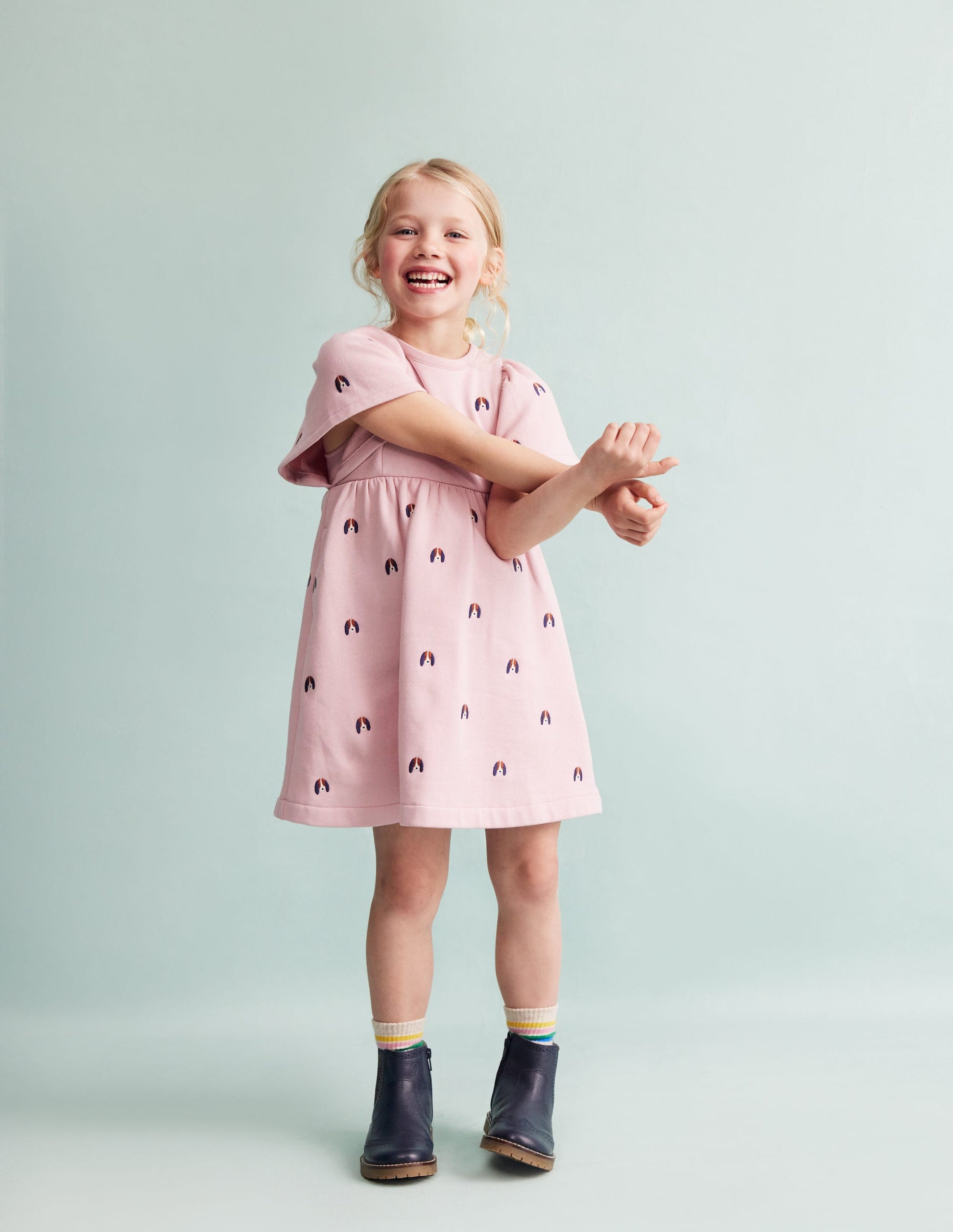 Embroidered Cosy Sweat Dress-Vintage Pink Pups-1