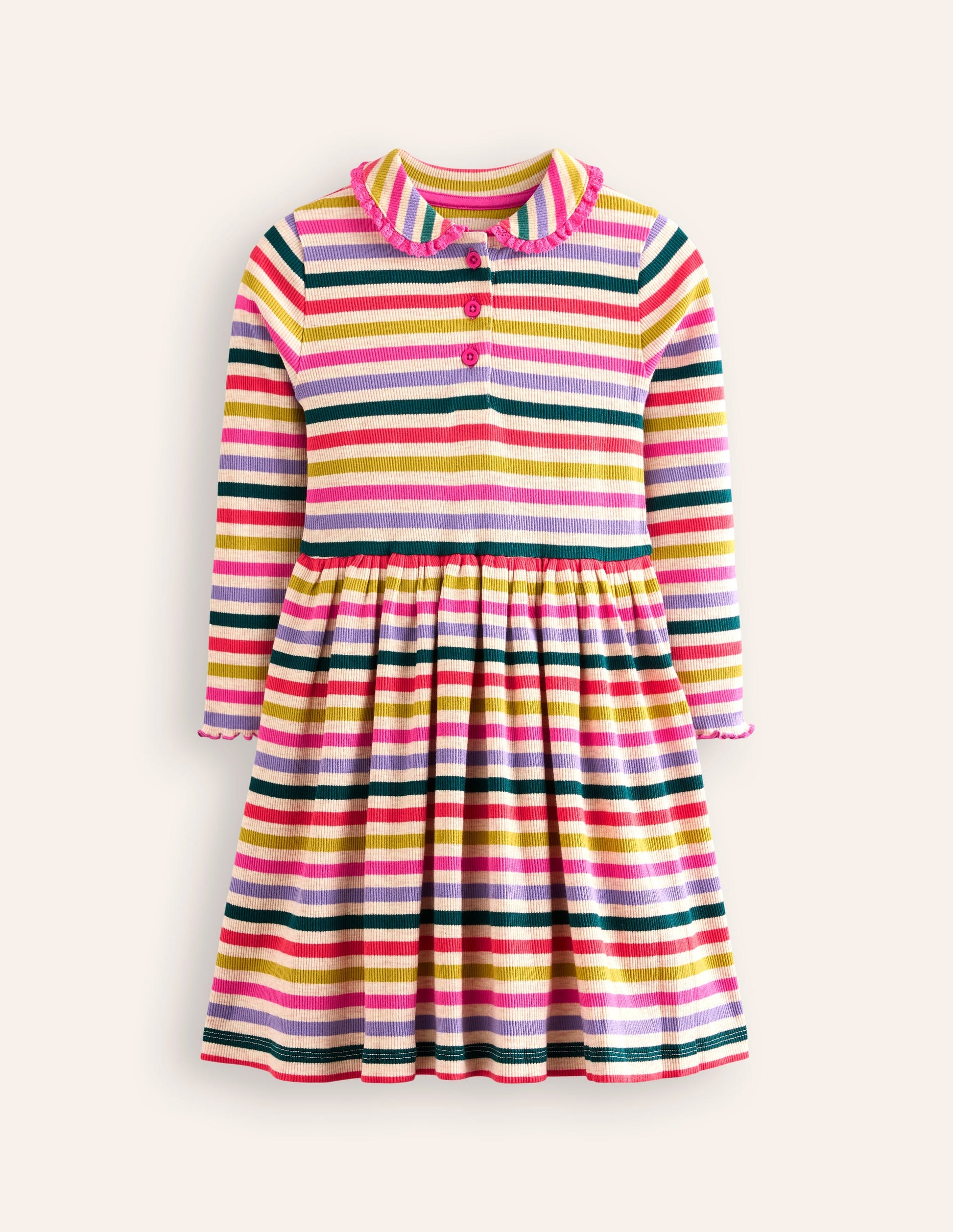 Collared Rib Twirly Dress-Oatmeal Melange Multi Stripe-1