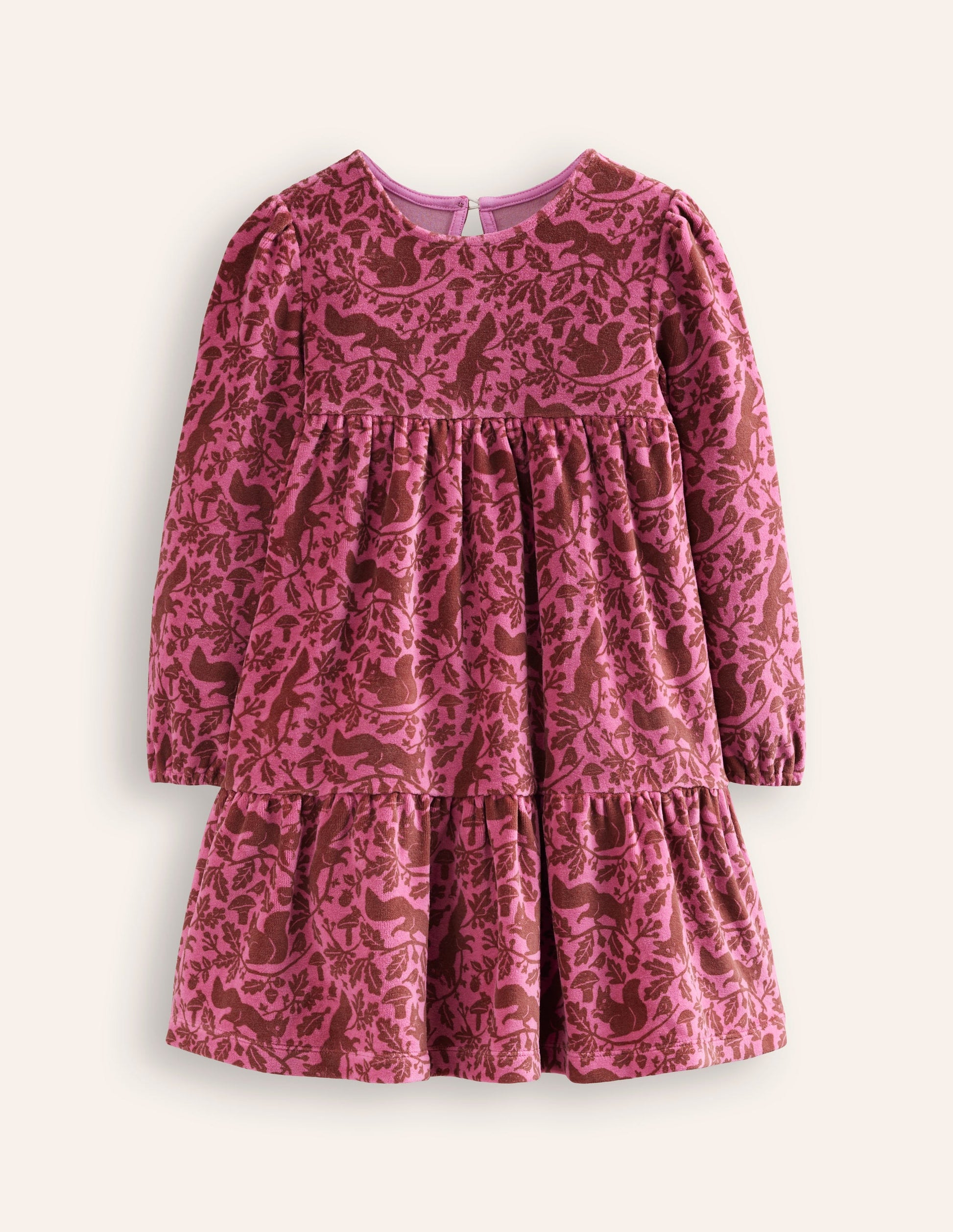 Tiered Velour Dress-Teacup Pink Woodland Squirrel-1