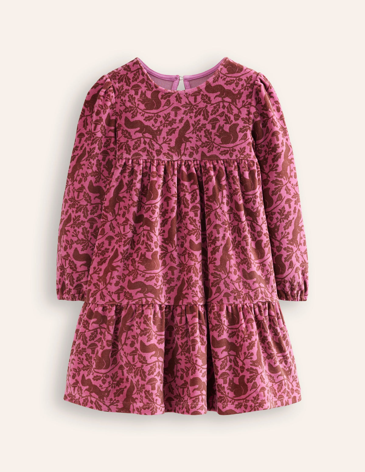 Tiered Velour Dress-Teacup Pink Woodland Squirrel - Image 1